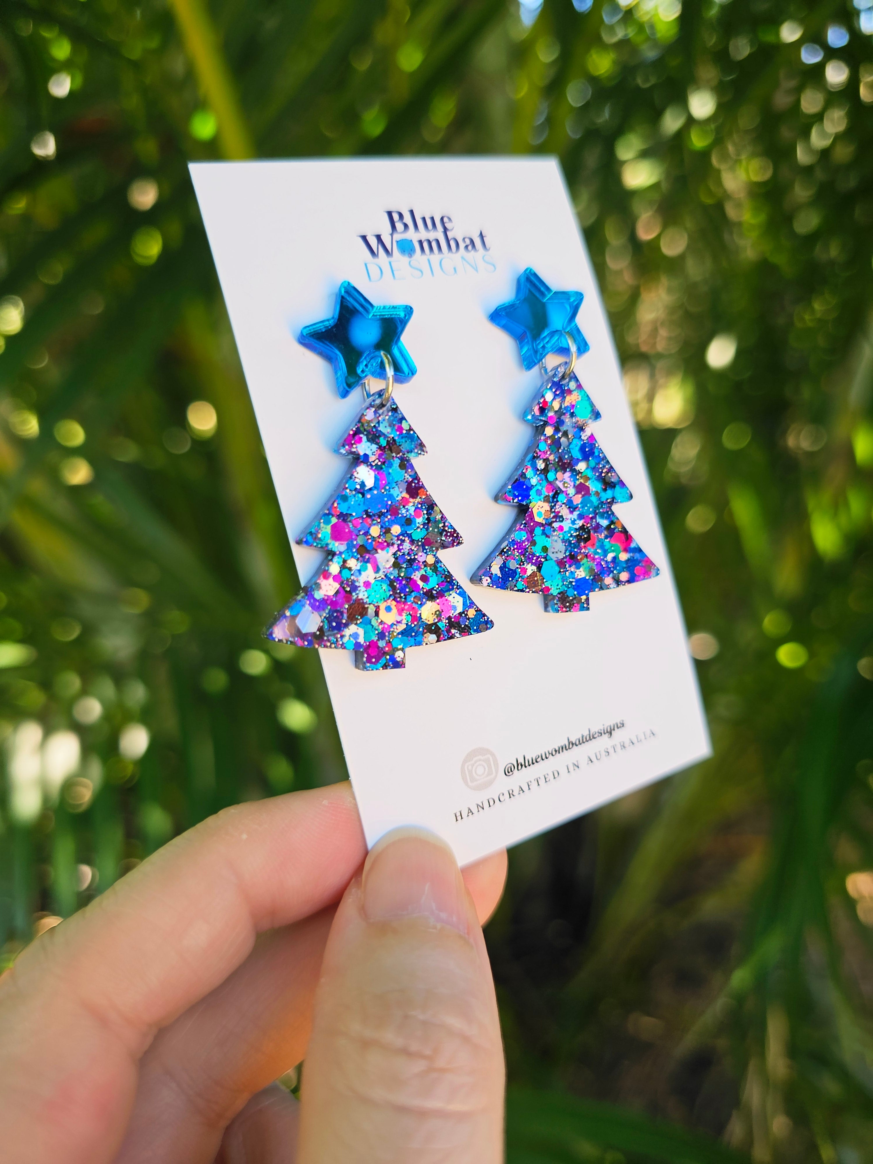 Christmas Tree Glitter Resin Dangle Earrings Handmade