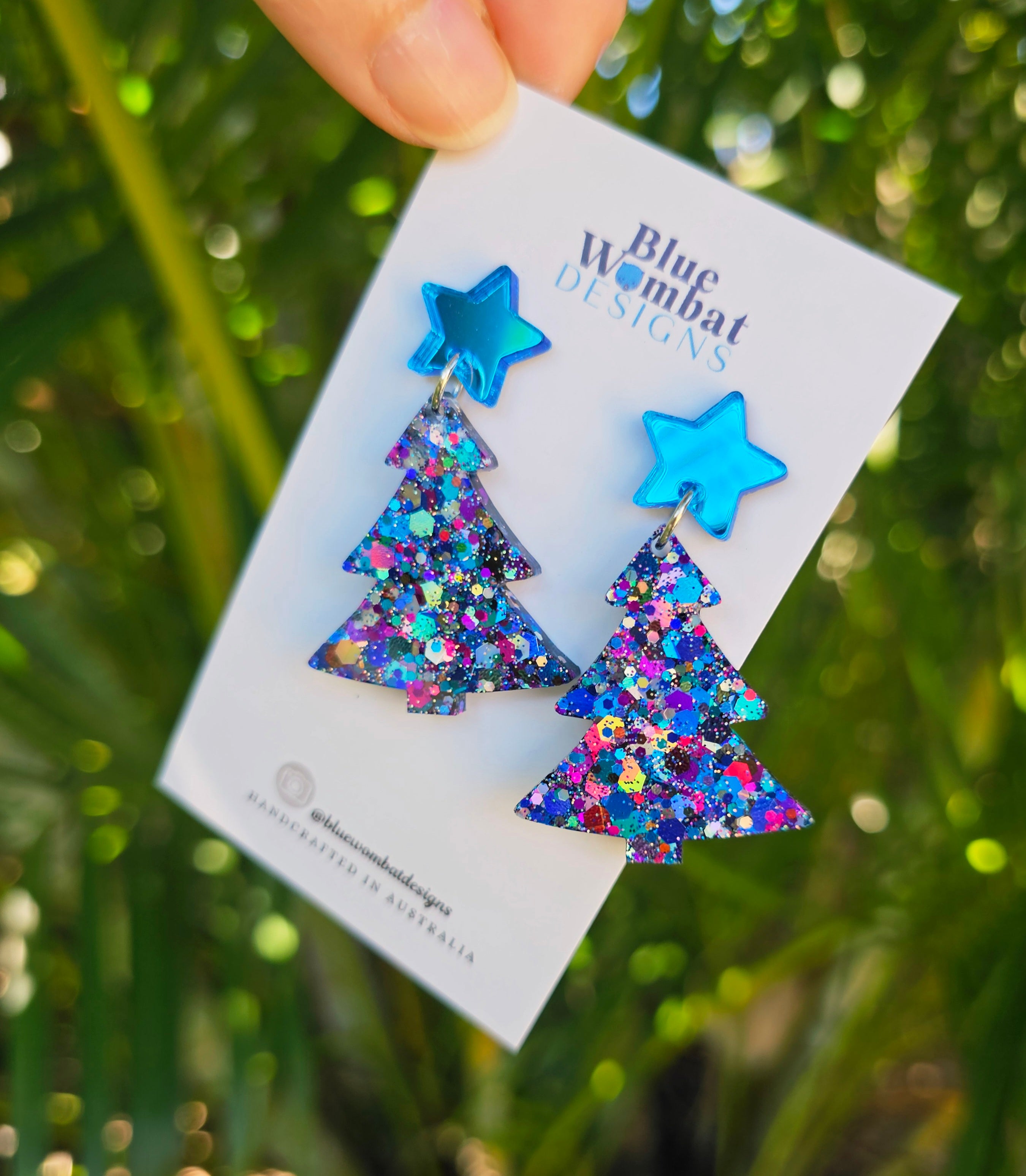 Christmas Tree Glitter Resin Dangle Earrings Handmade