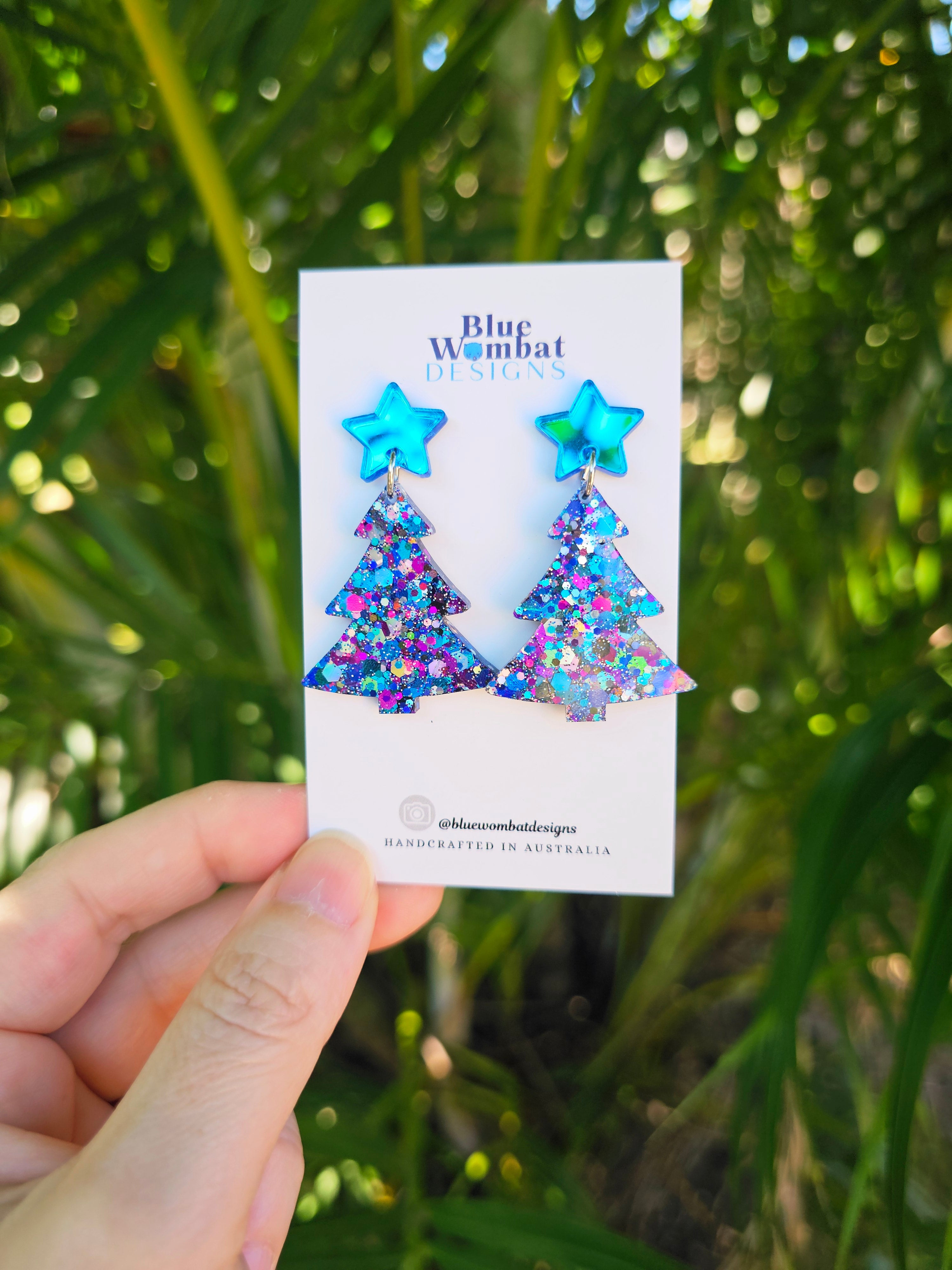 Christmas Tree Glitter Resin Dangle Earrings Handmade