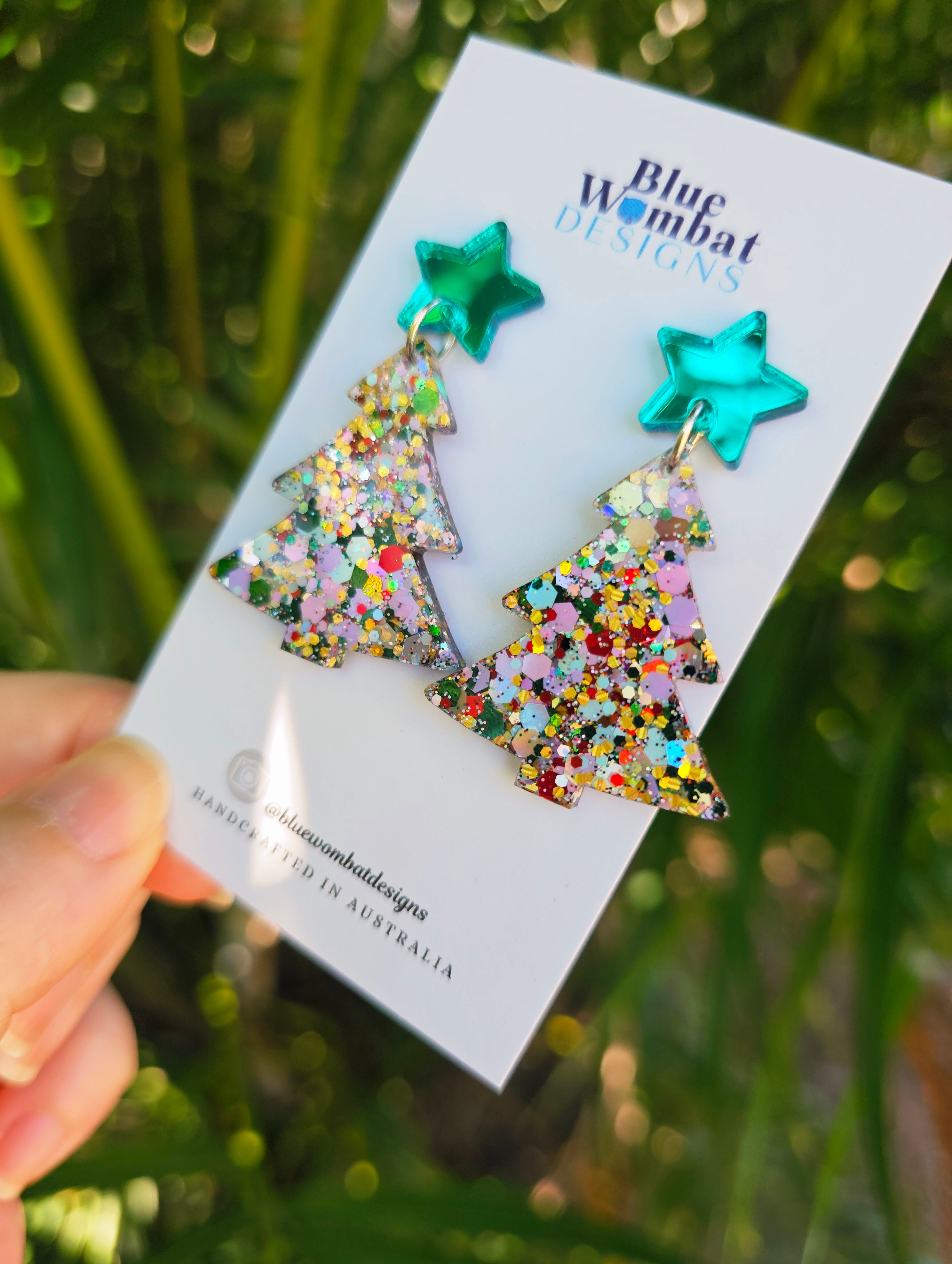 Christmas Tree Glitter Resin Dangle Earrings Handmade