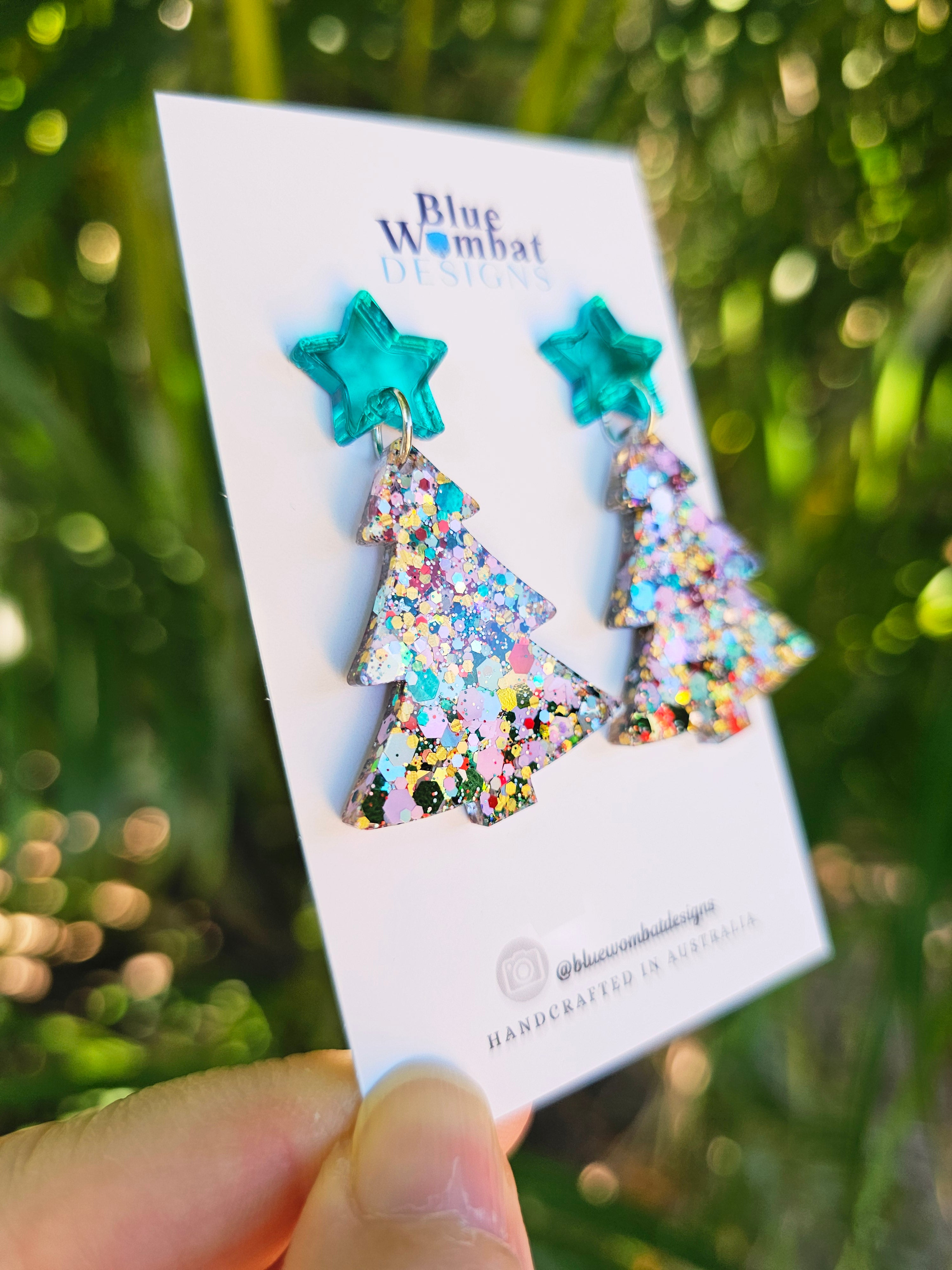 Christmas Tree Glitter Resin Dangle Earrings Handmade