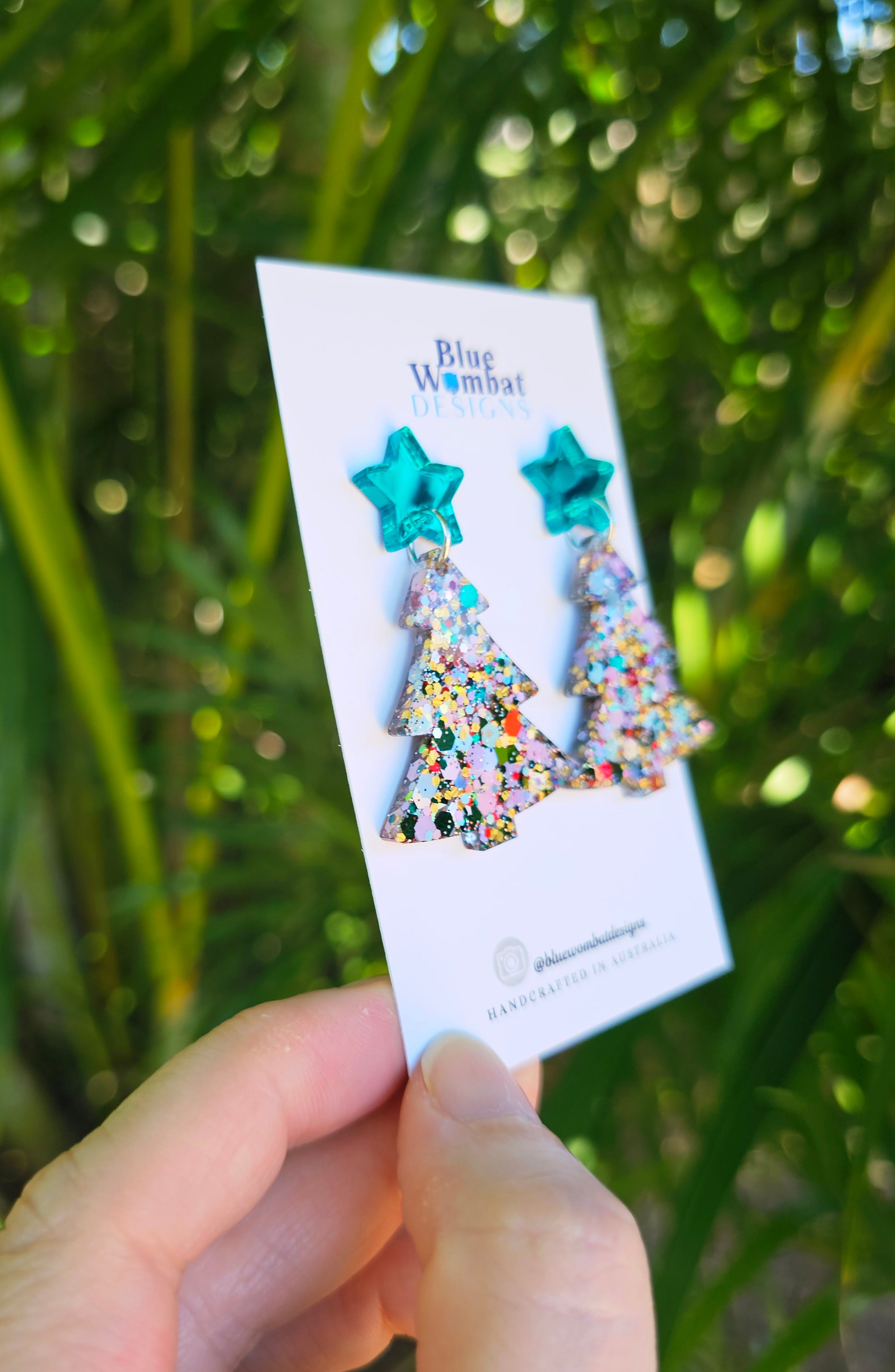 Christmas Tree Glitter Resin Dangle Earrings Handmade