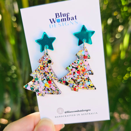 Christmas Tree Glitter Resin Dangle Earrings Handmade