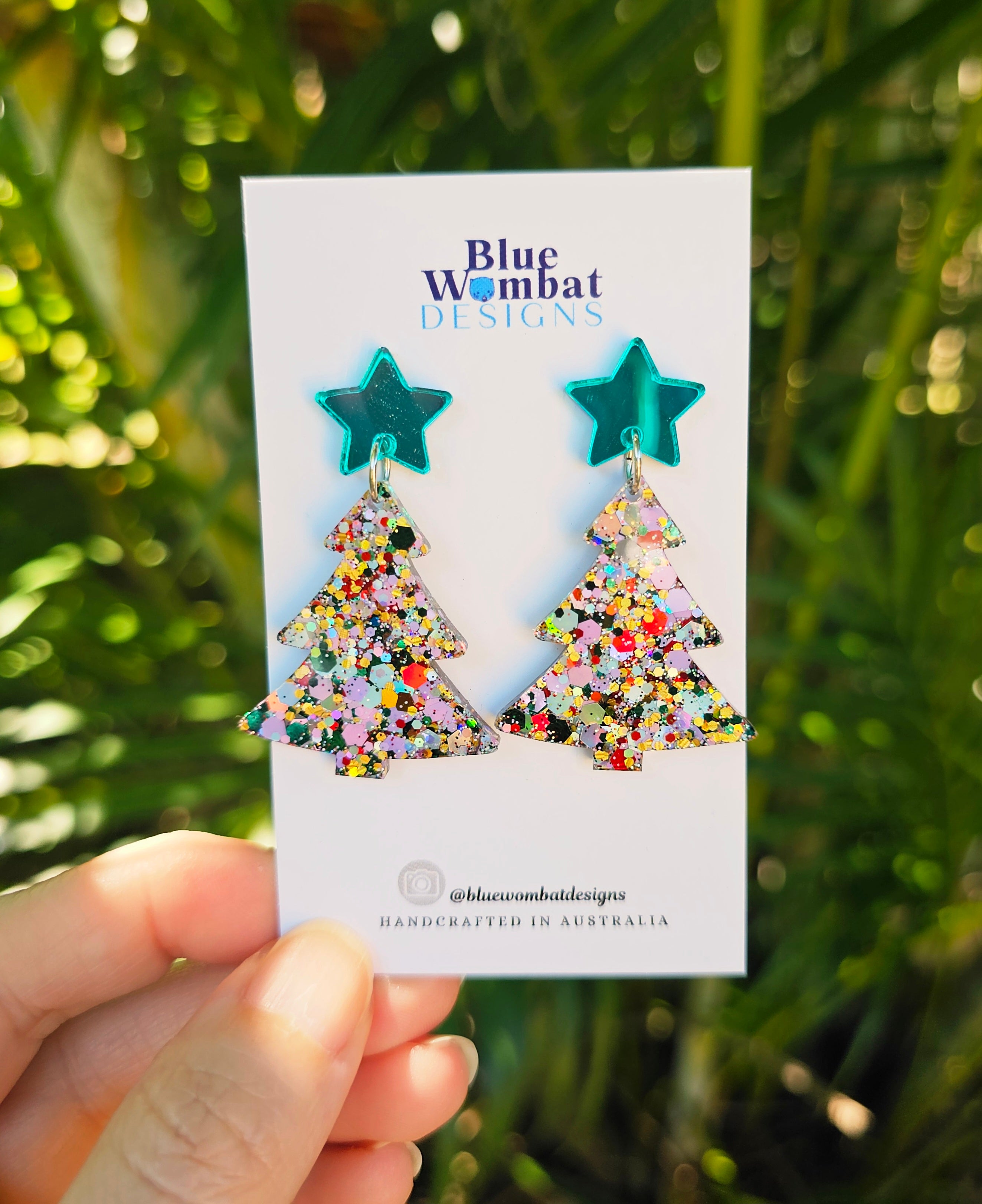 Christmas Tree Glitter Resin Dangle Earrings Handmade
