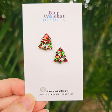Christmas Tree Resin Glitter Sparkle Studs 12mm