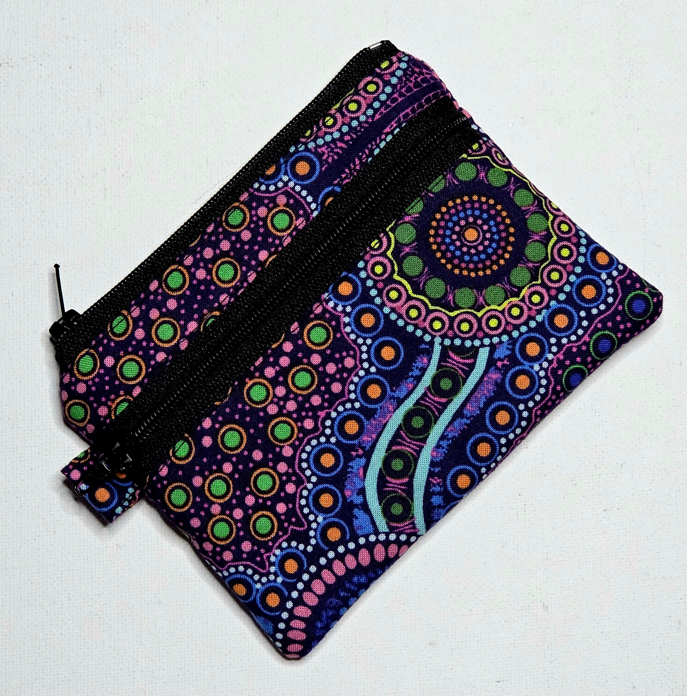Small Double Pocket Pouch, purple dot print fabric