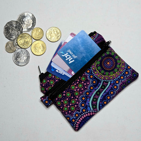 Small Double Pocket Pouch, purple dot print fabric