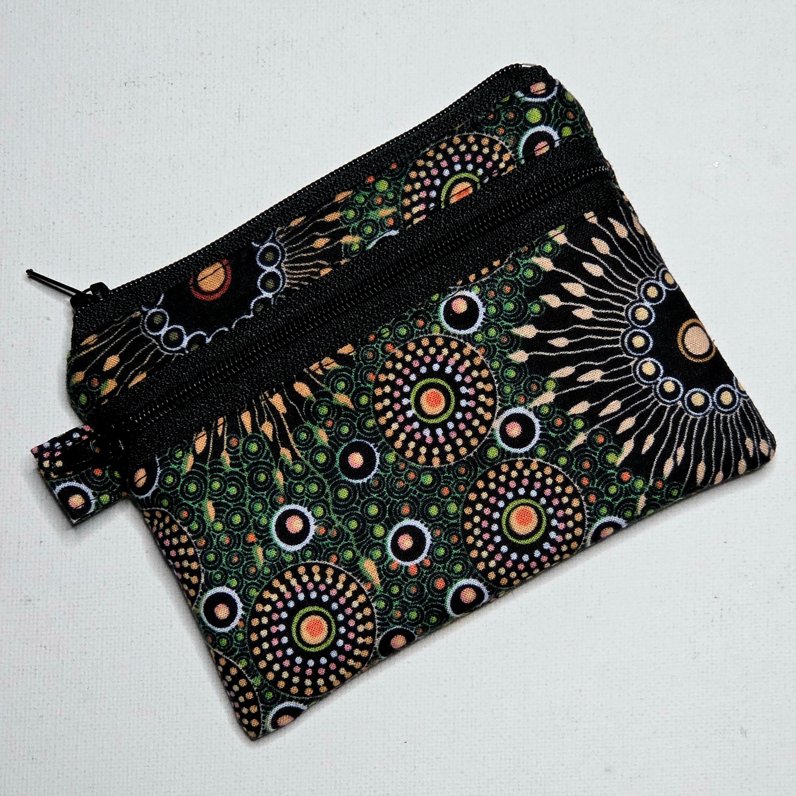 Small Double Pocket Pouch, green dot print fabric