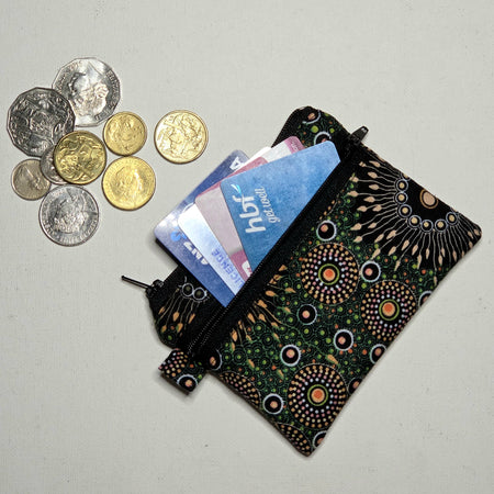 Small Double Pocket Pouch, green dot print fabric