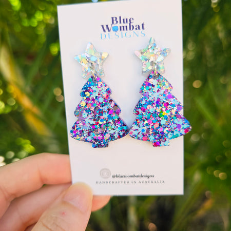 Christmas Tree Glitter Resin Dangle Earrings Handmade