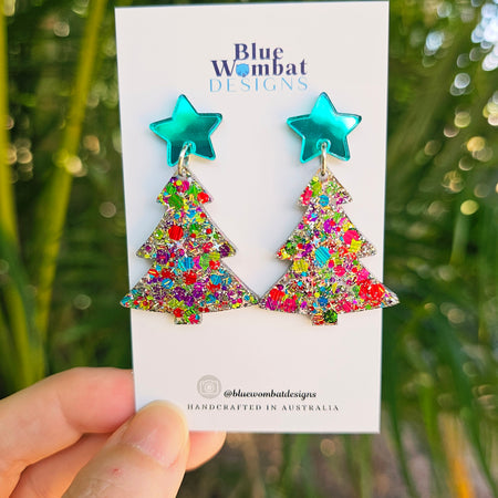 Christmas Tree Glitter Resin Dangle Earrings Handmade