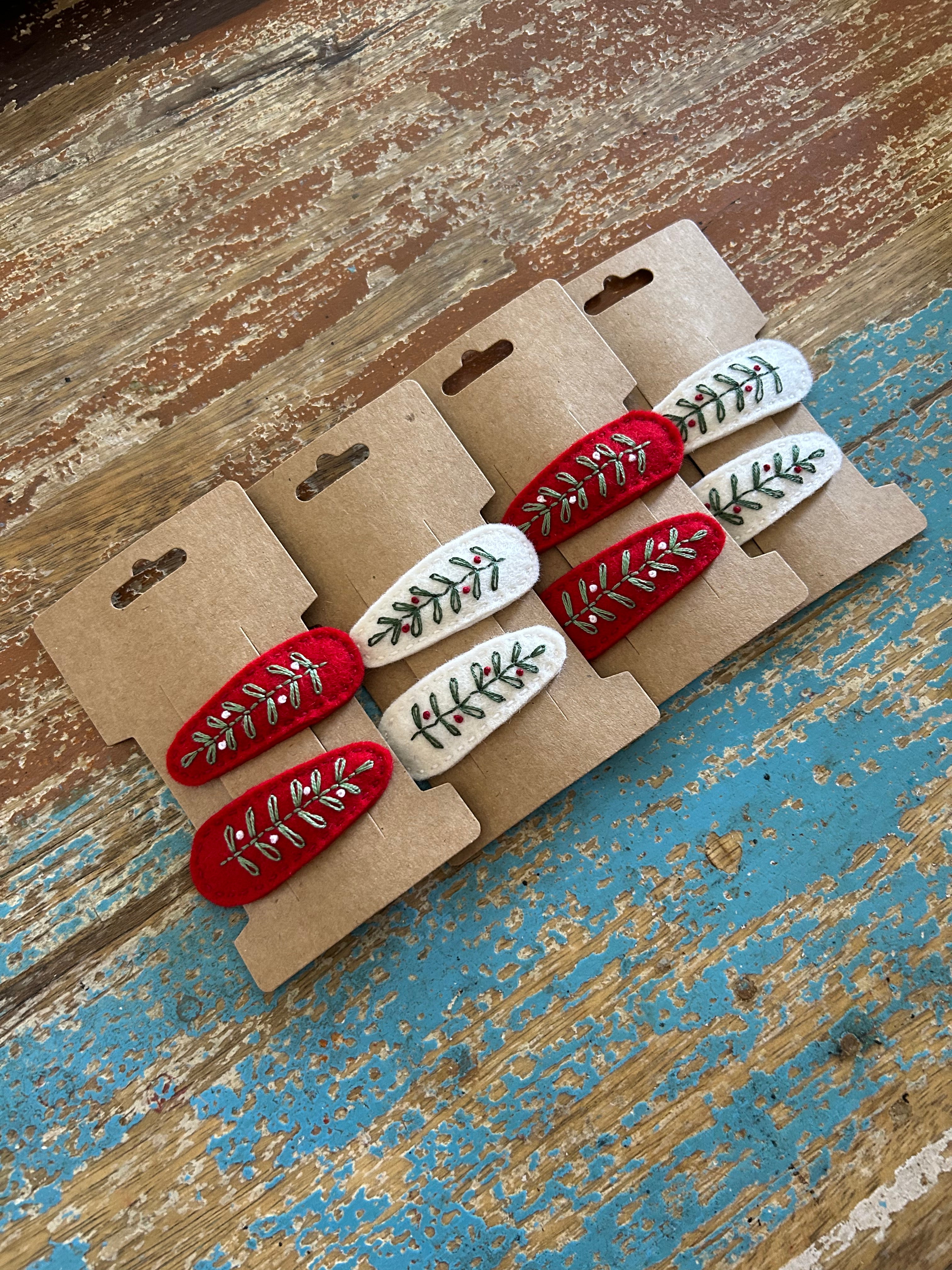 Ready to post, Christmas embroidery felt hair clips