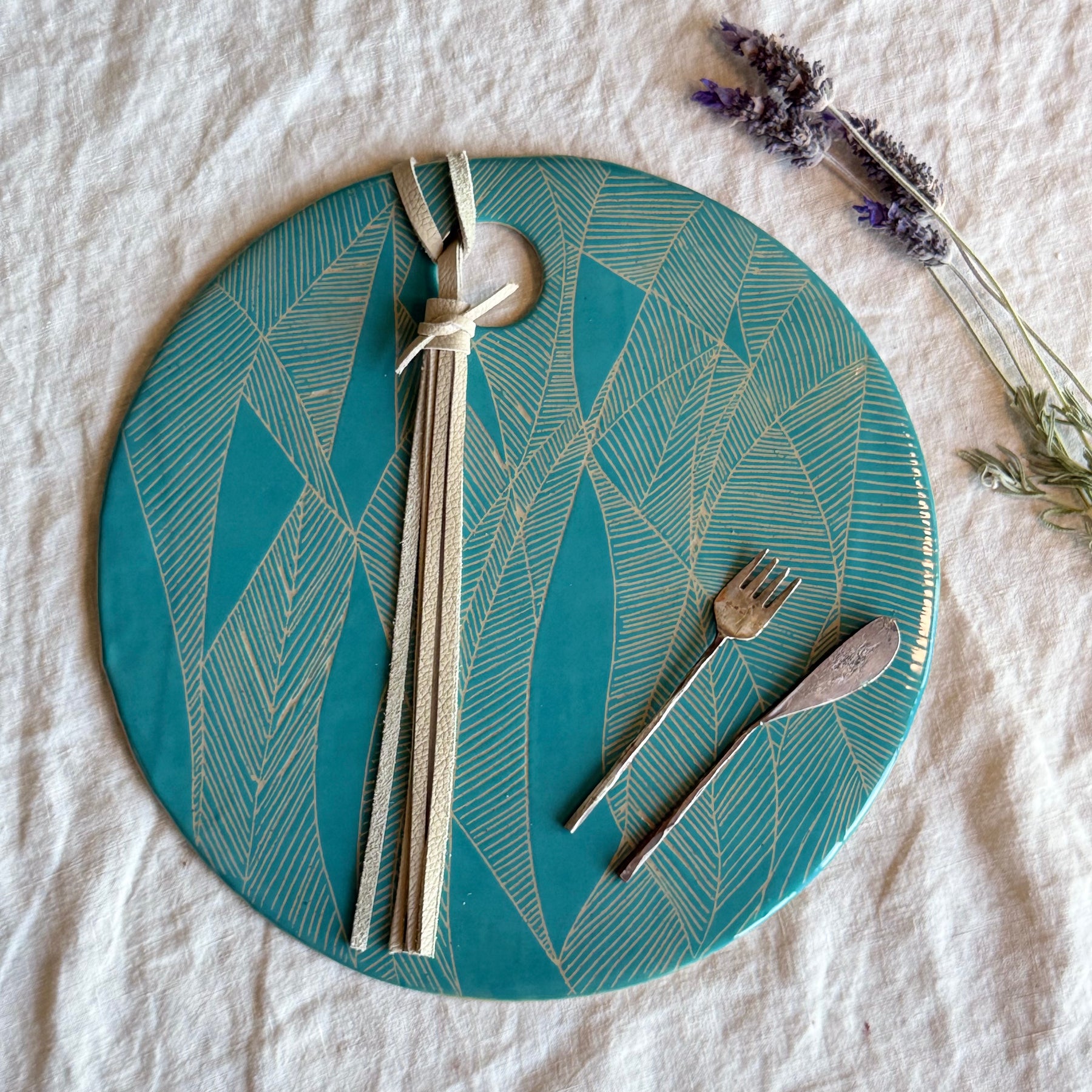 Ebb & Flow | Handmade Ceramic Charcuterie Board | 31 cm | Optional Add On | Removable Leather Snap or Tassel