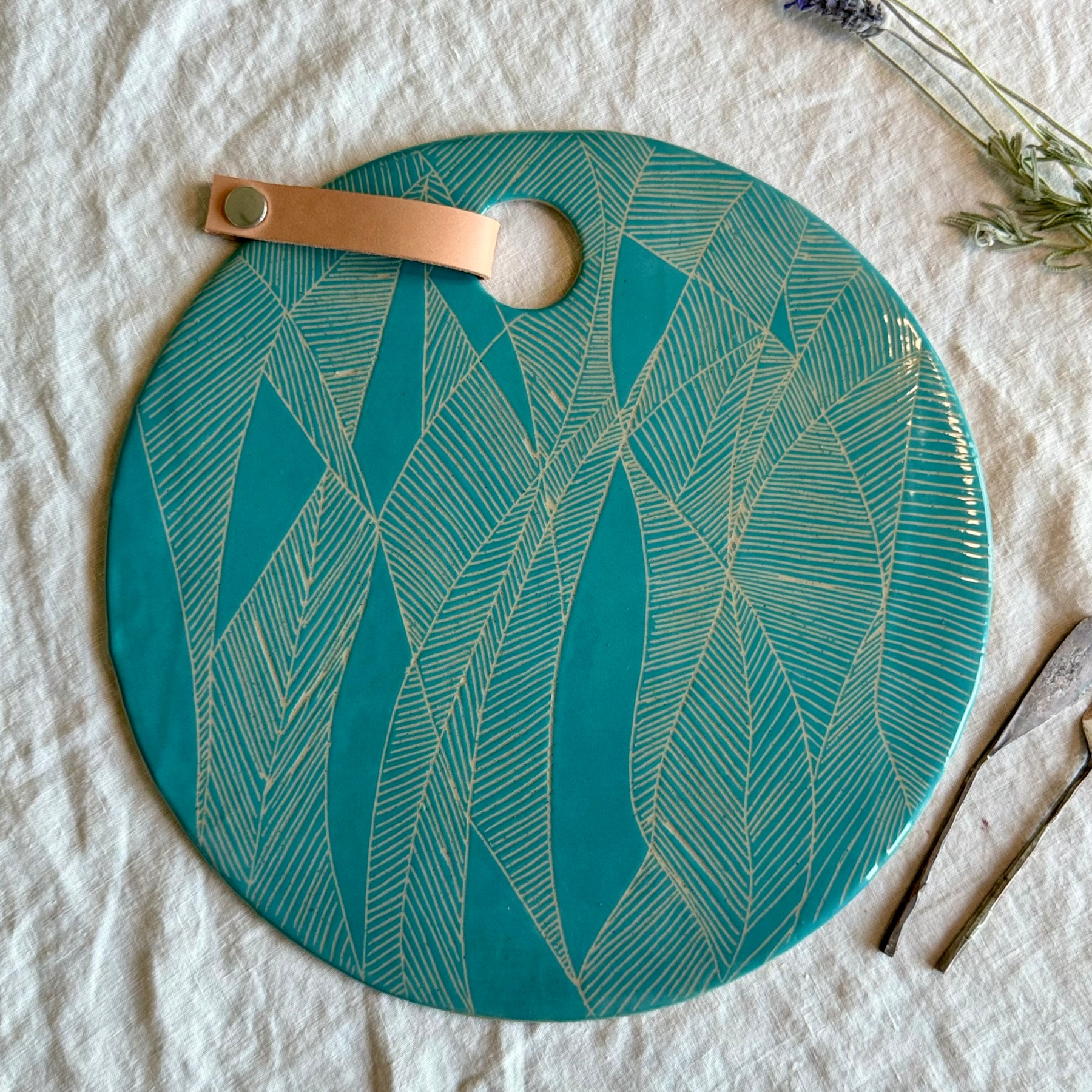 Ebb & Flow | Handmade Ceramic Charcuterie Board | 31 cm | Optional Add On | Removable Leather Snap or Tassel