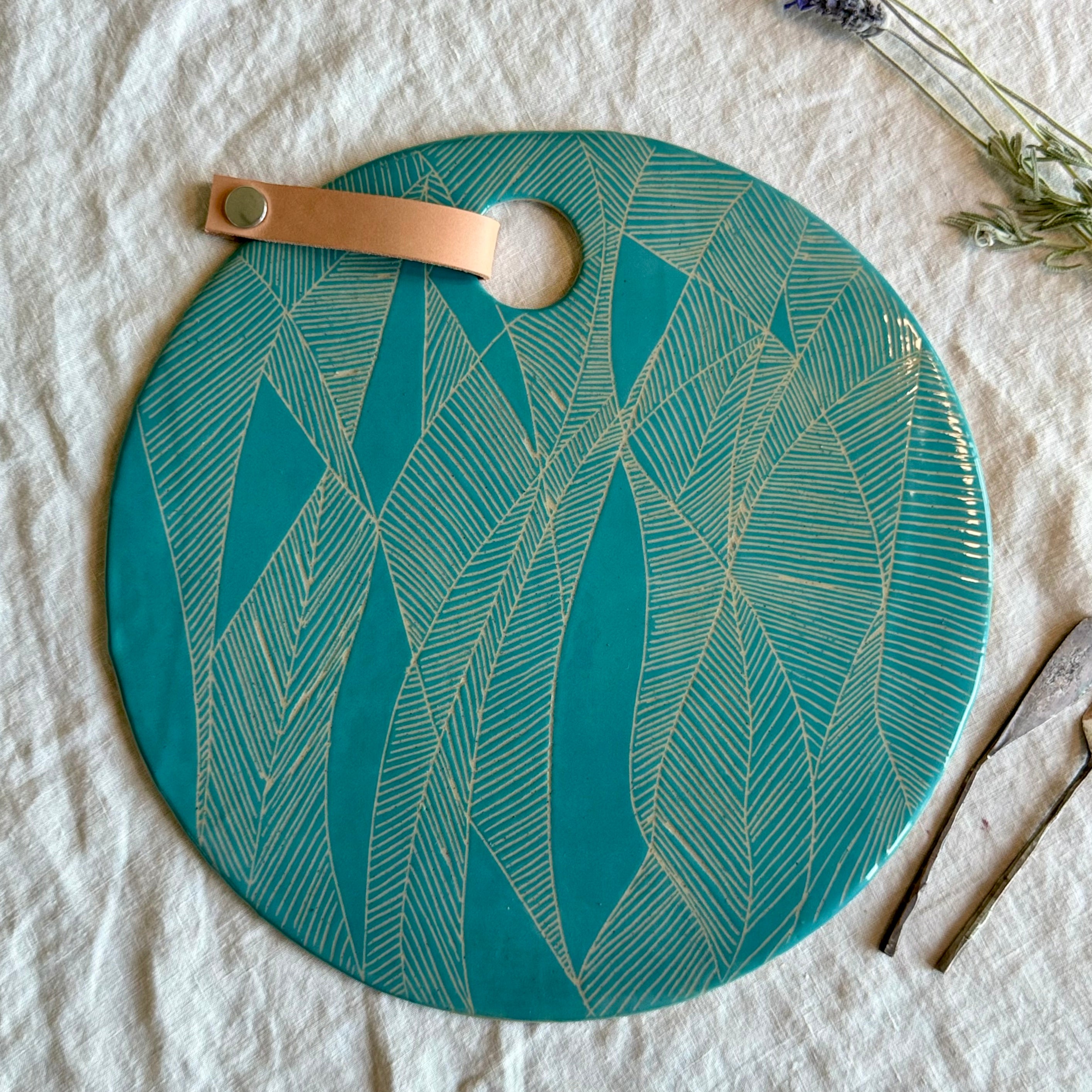 Ebb & Flow | Handmade Ceramic Charcuterie Board | 31 cm | Optional Add On | Removable Leather Snap or Tassel