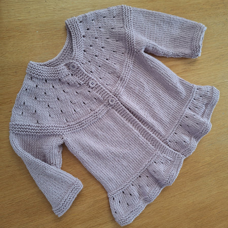 Handknitted Baby Cardigan in 100% natural Lilac yarn