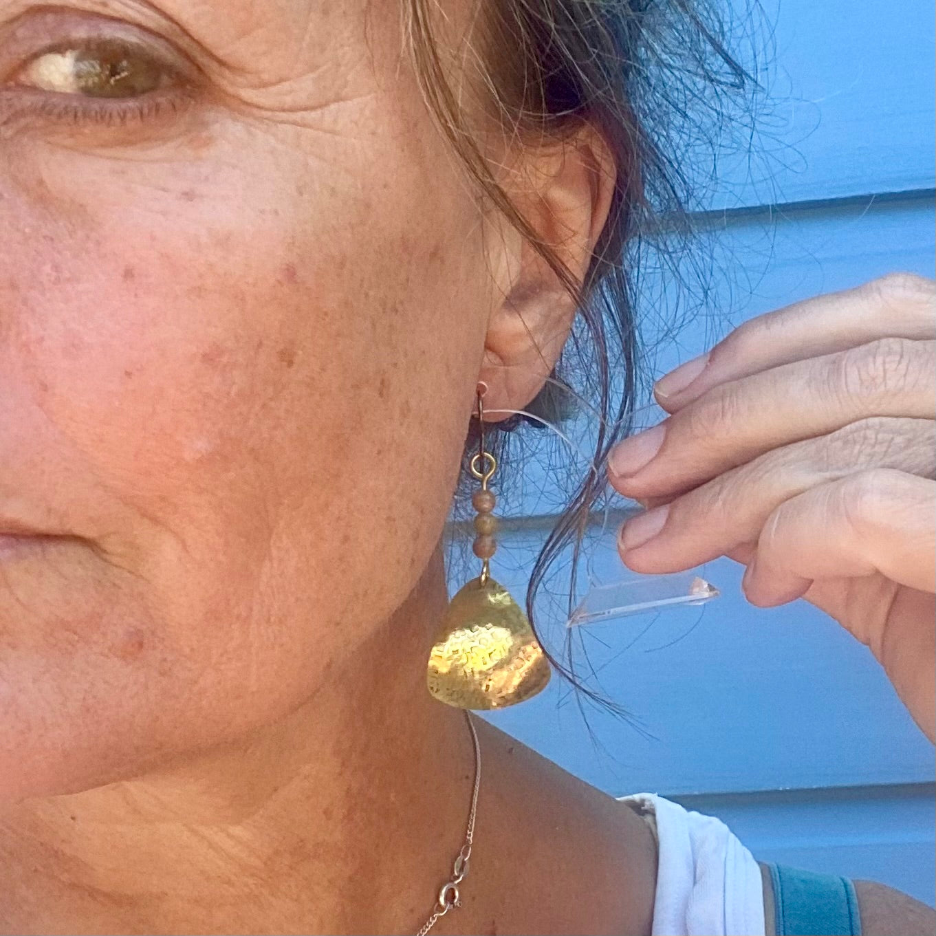 Textured Bronze Earrings with Unakite Stone Beads