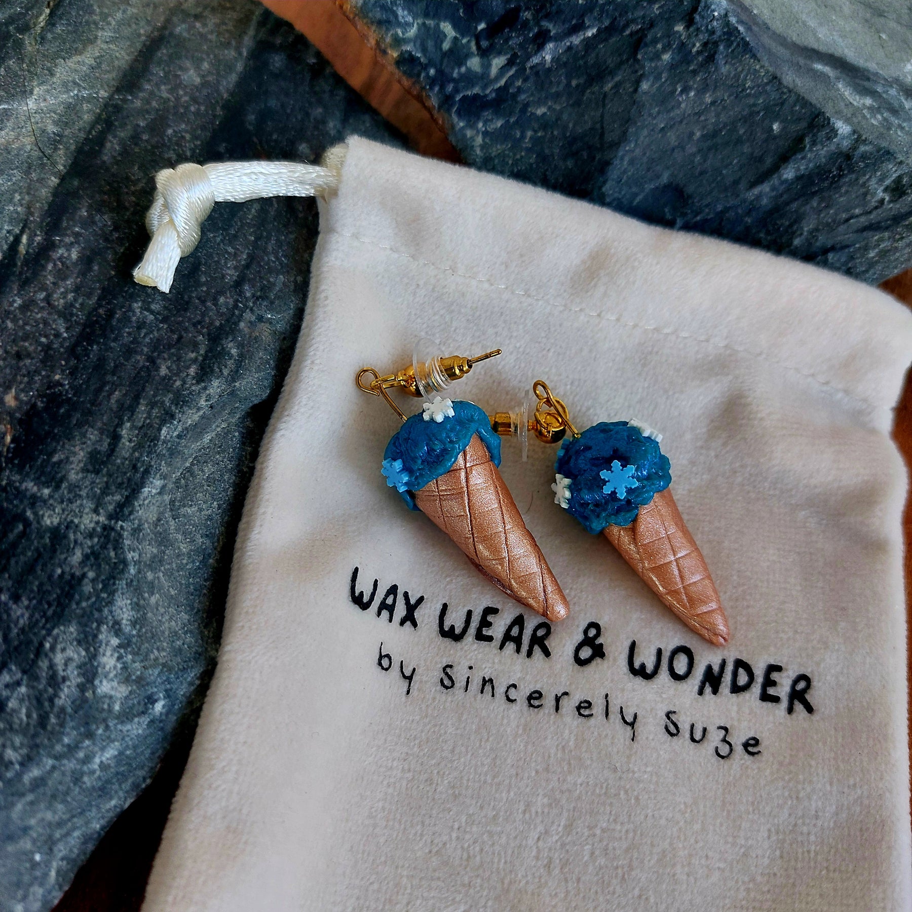 Blue Sprinkle Ice Cream Cone Earrings | Food Inspired Statement Earrings