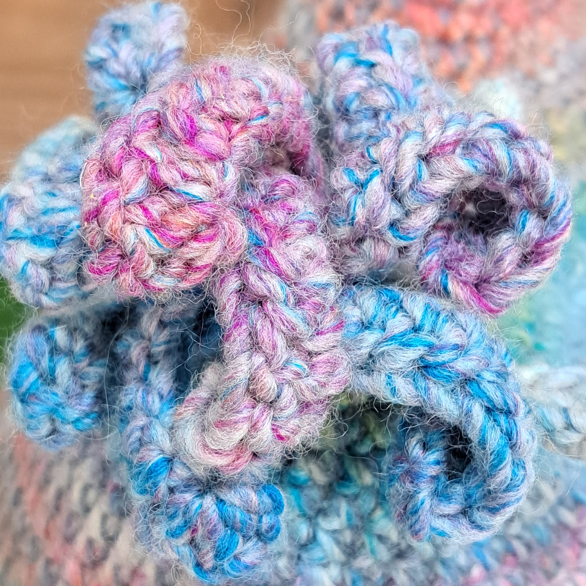 Handmade Crochet chicken cushion pinks blues