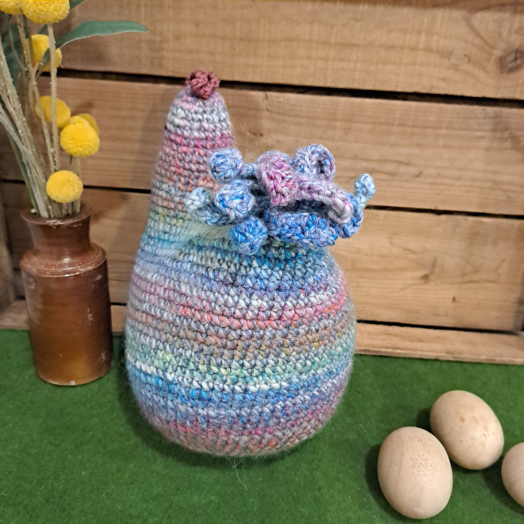 Handmade Crochet chicken cushion pinks blues