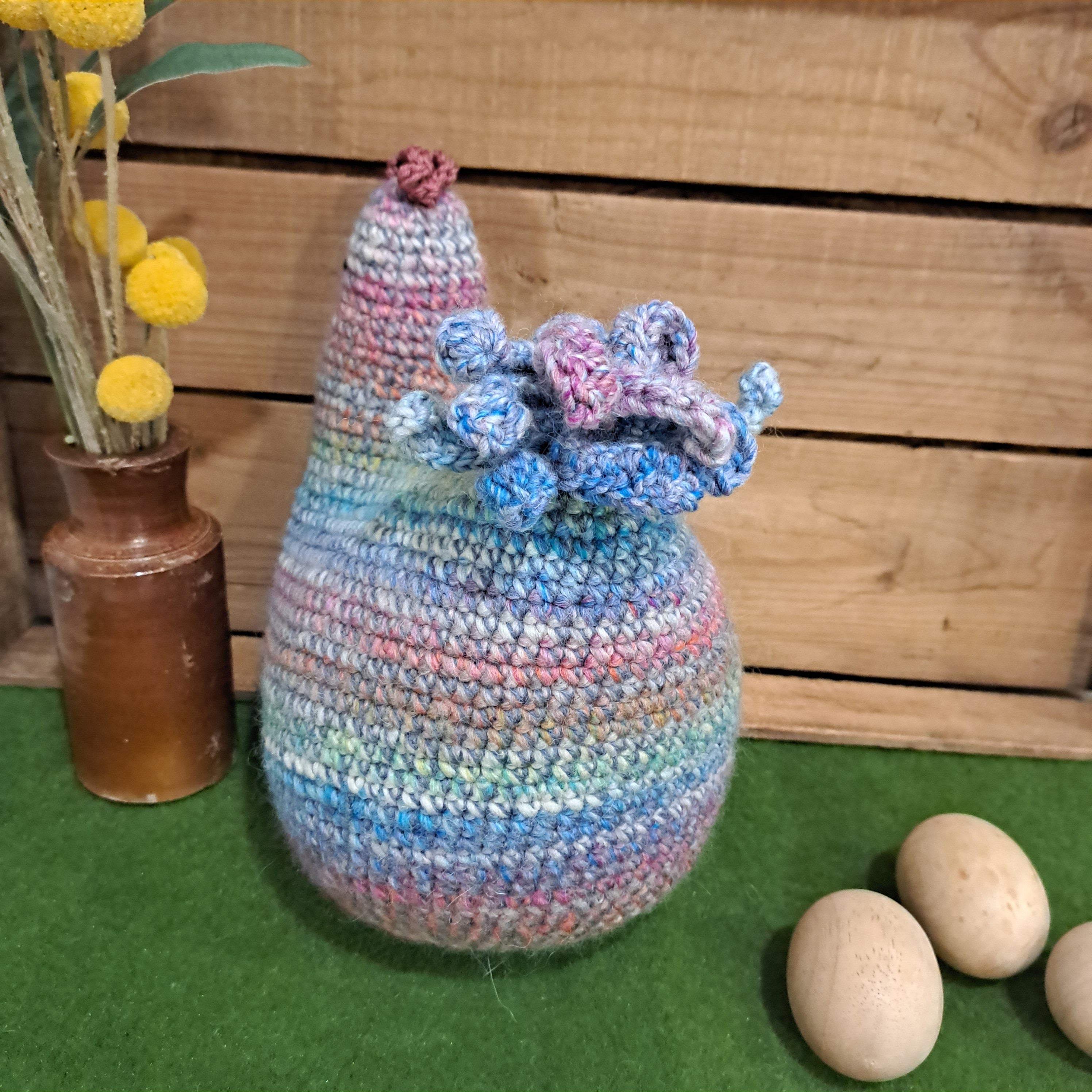 Handmade Crochet chicken cushion pinks blues