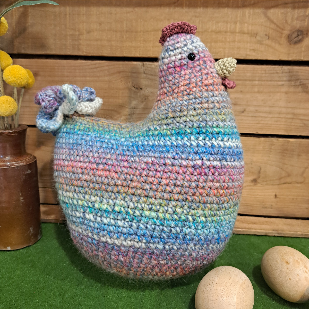Handmade Crochet chicken cushion pinks blues