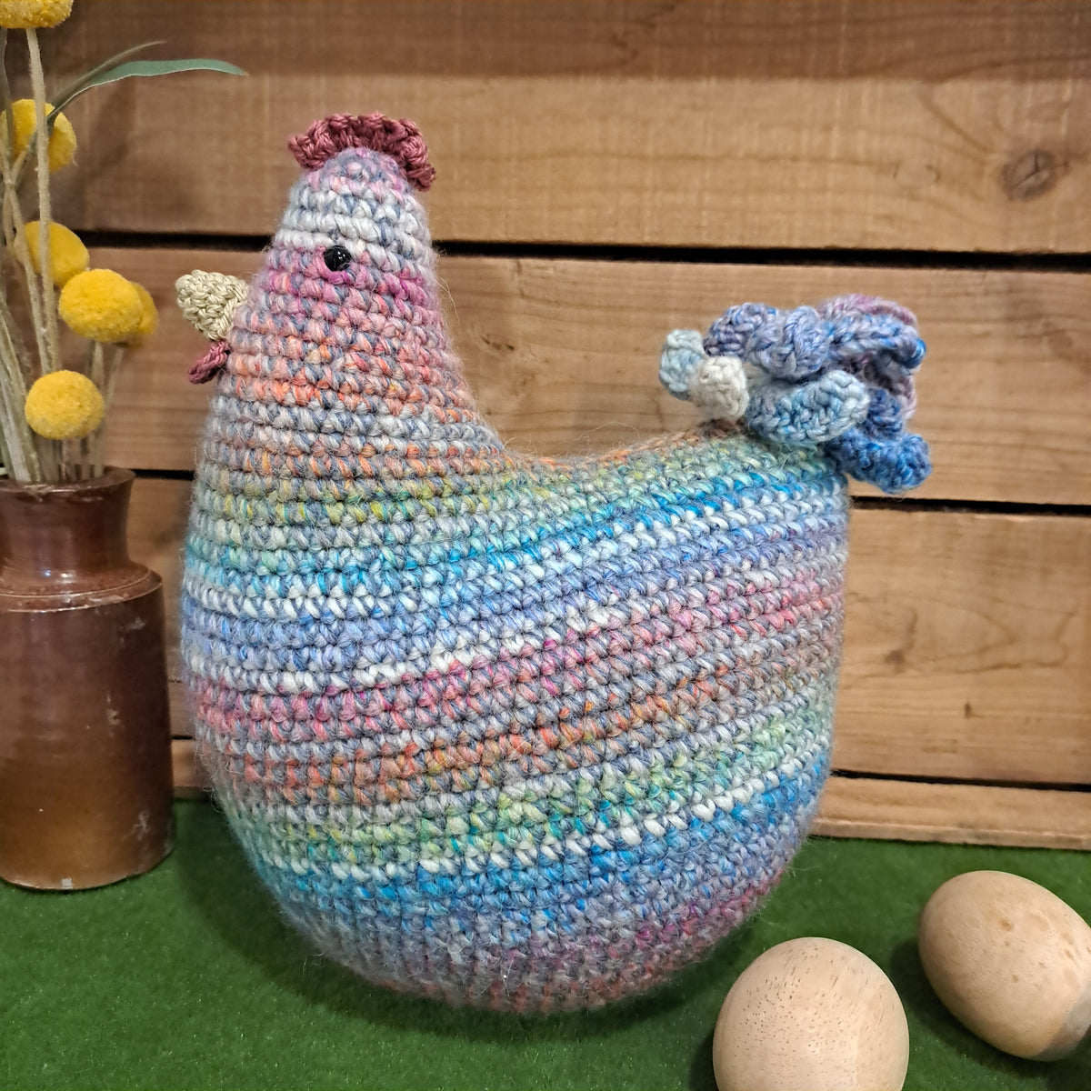 Handmade Crochet chicken cushion pinks blues
