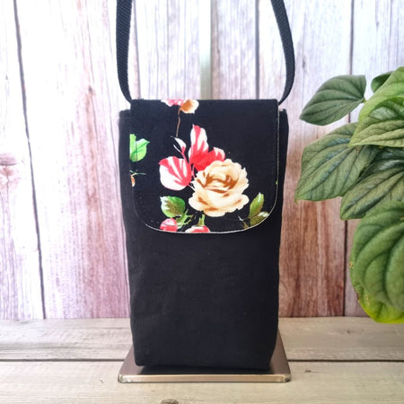 Upcycled small phone messenger bag - coral & latte roses on black