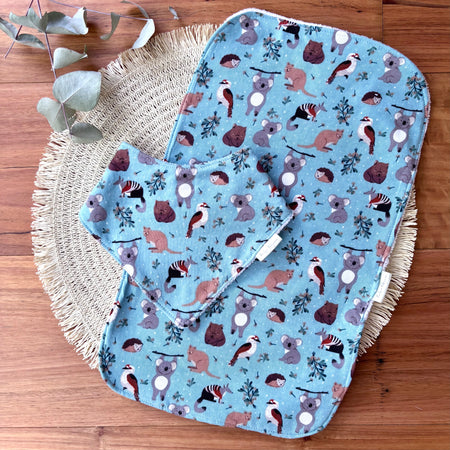 Baby Bib and Burp Cloth Set - Light Blue Aussie Animals