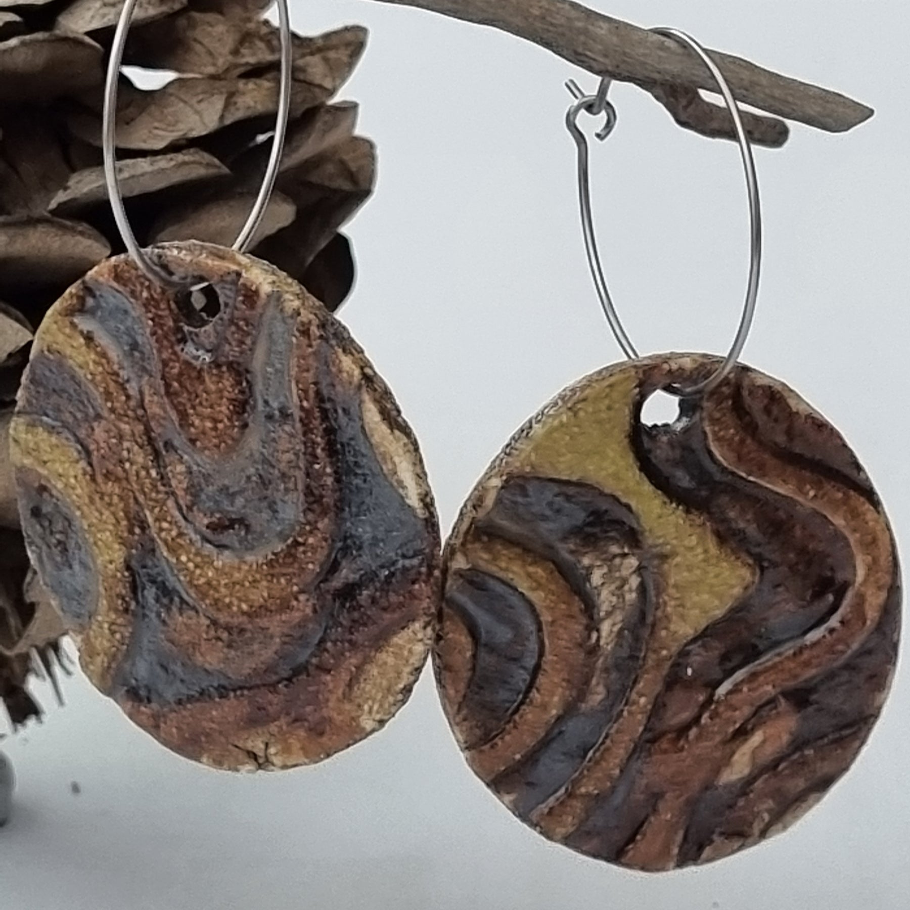 Handmade Stoneware Ceramic Earrings, mustard-brown-black multi-coloured, 35mm diameter, pierced ears