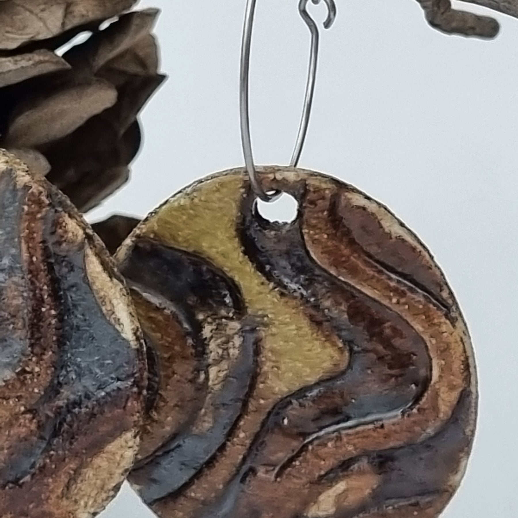 Handmade Stoneware Ceramic Earrings, mustard-brown-black multi-coloured, 35mm diameter, pierced ears