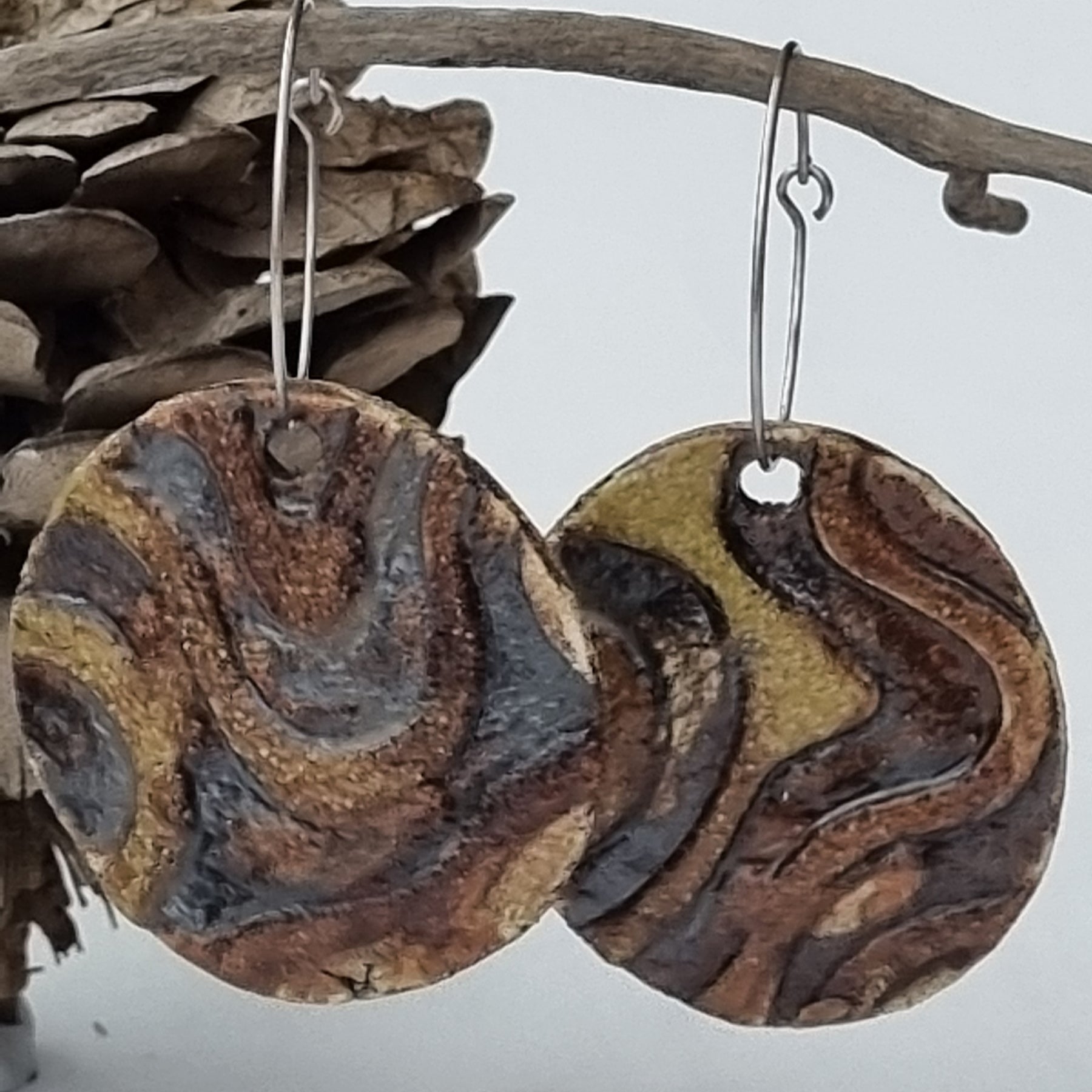 Handmade Stoneware Ceramic Earrings, mustard-brown-black multi-coloured, 35mm diameter, pierced ears