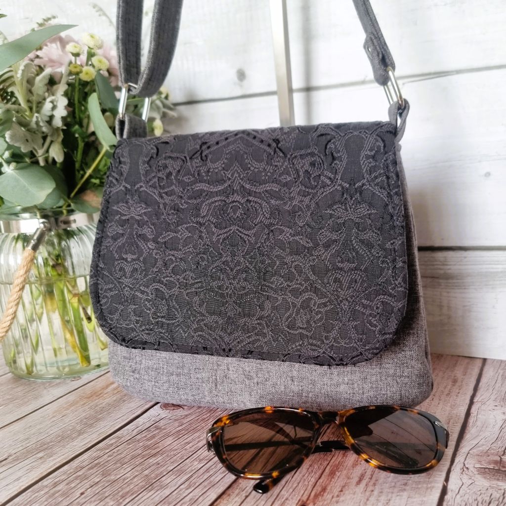 Upcycled small messenger bag - grey & black filigree pattern