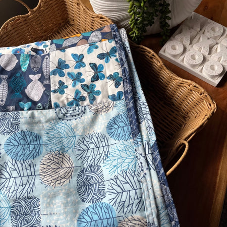 Handmade Baby Play Mat Quilt — 100% Organic Cotton | Reversible | Nature in Blue Tones