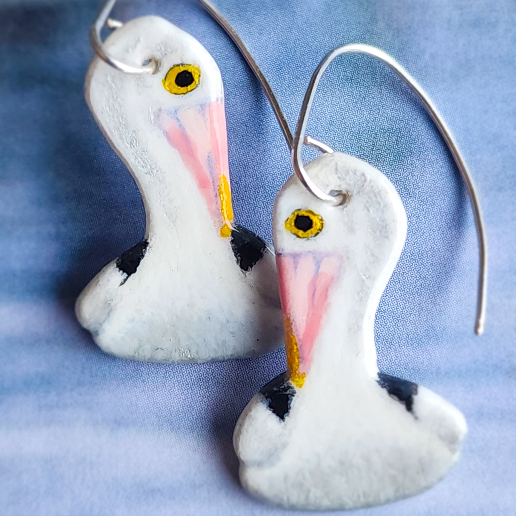 Pelican earrings in silver, Australian pelican hand-carved, hand-painted