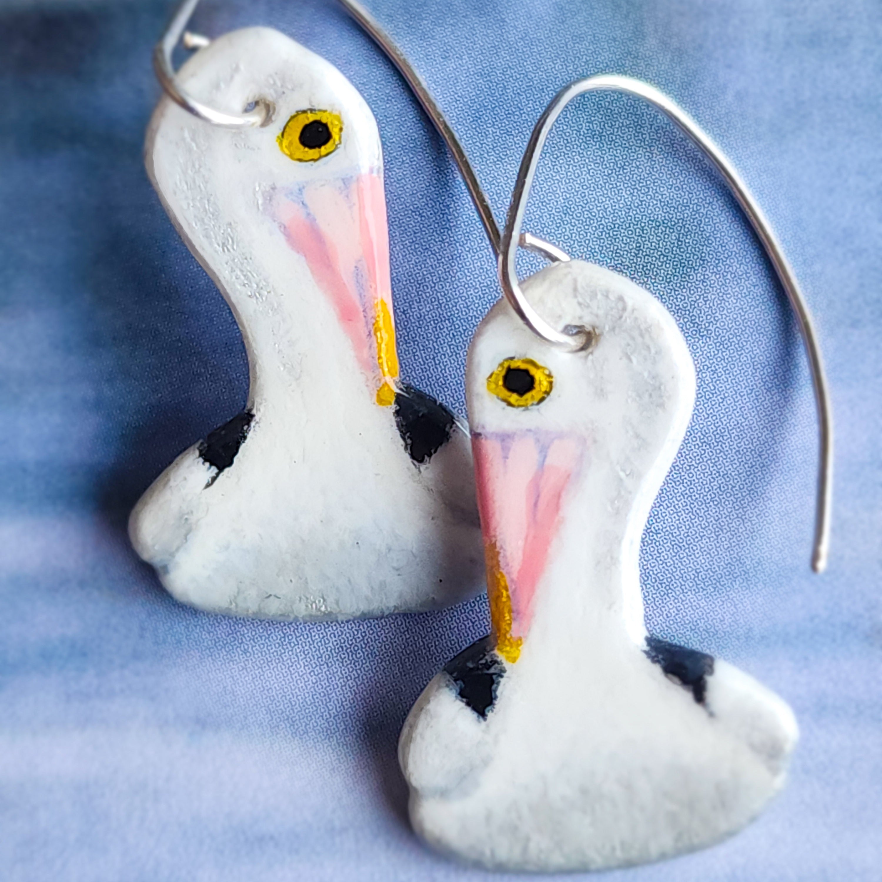 Pelican earrings in silver, Australian pelican hand-carved, hand-painted
