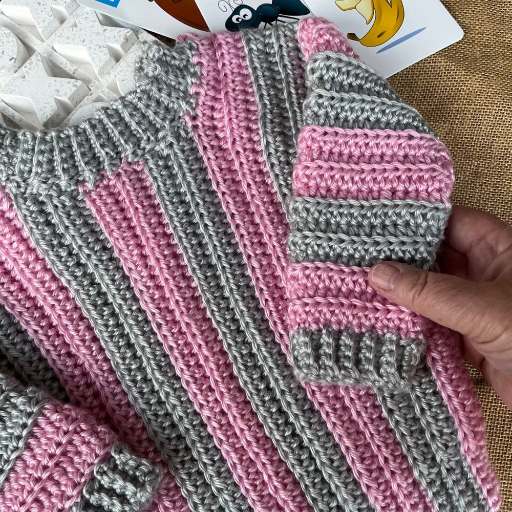 Handmade crochet baby-toddler jumper | super soft | pink grey stripes