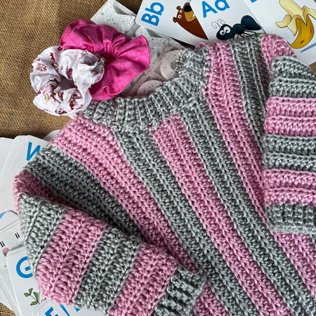 Handmade crochet baby-toddler jumper | super soft | pink grey stripes