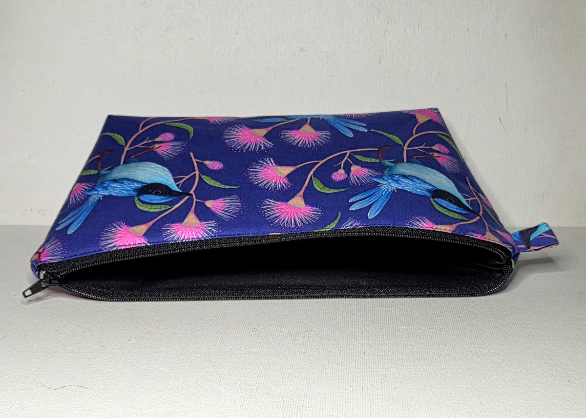 XL Pouch in Blue Wren and Wildflower Fabric