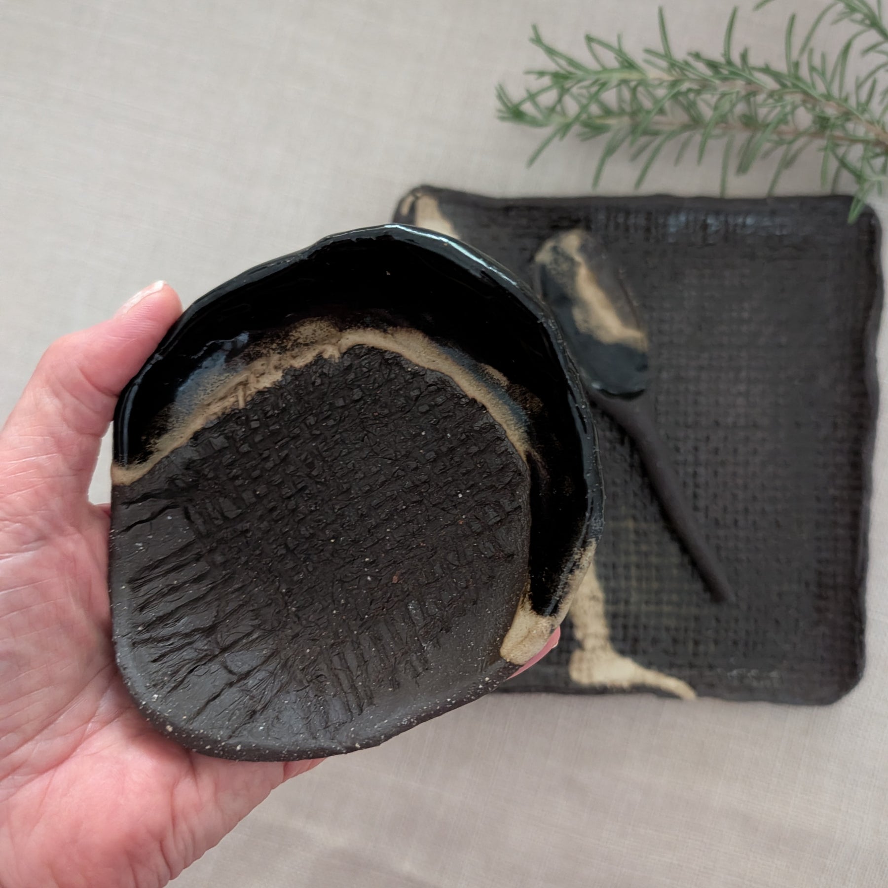 Small Handbuilt Ceramic Platter + Matching Bowl and Spoon | Modern Rustic • Earthy Minimalism • Stoneware