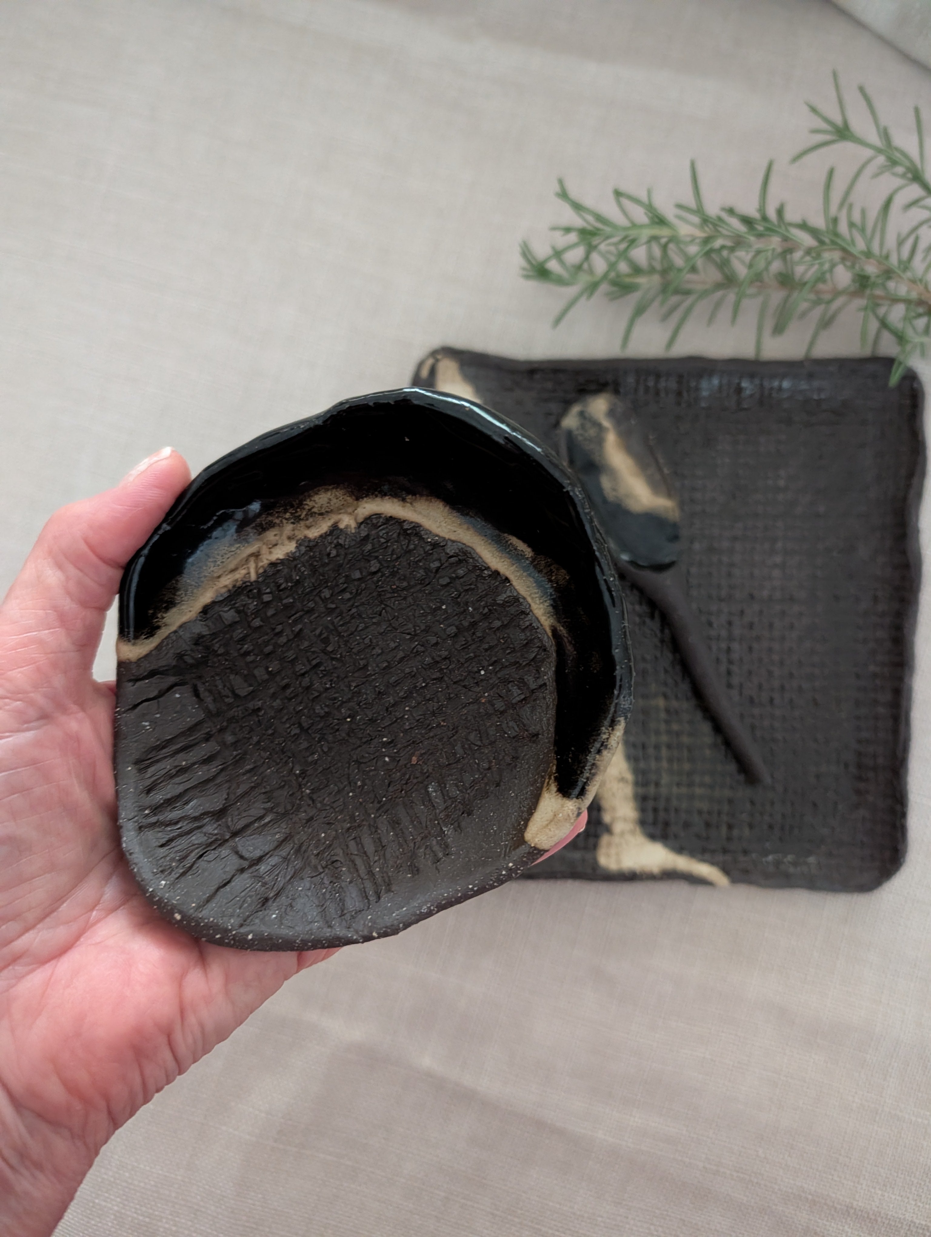 Small Handbuilt Ceramic Platter + Matching Bowl and Spoon | Modern Rustic • Earthy Minimalism • Stoneware