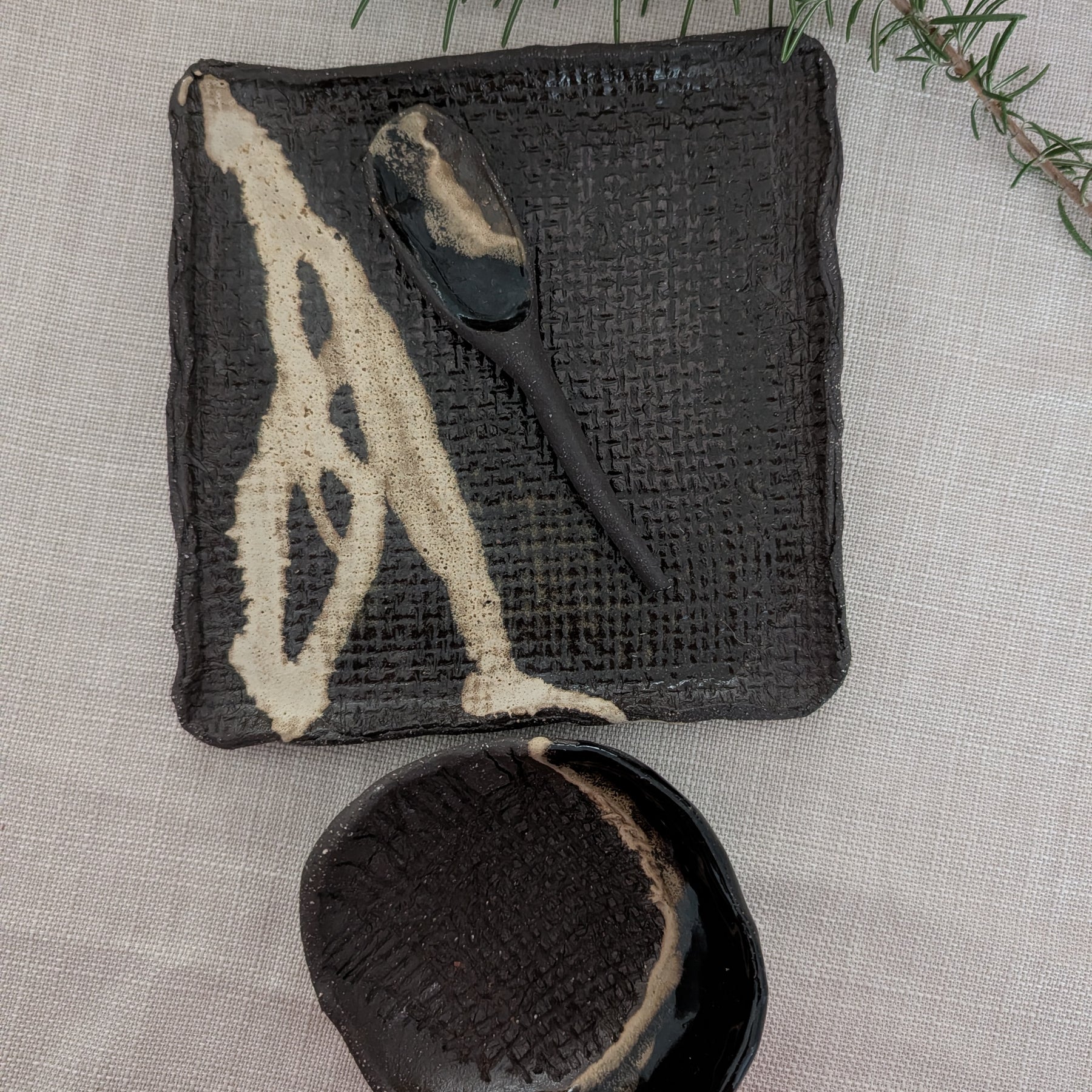 Small Handbuilt Ceramic Platter + Matching Bowl and Spoon | Modern Rustic • Earthy Minimalism • Stoneware