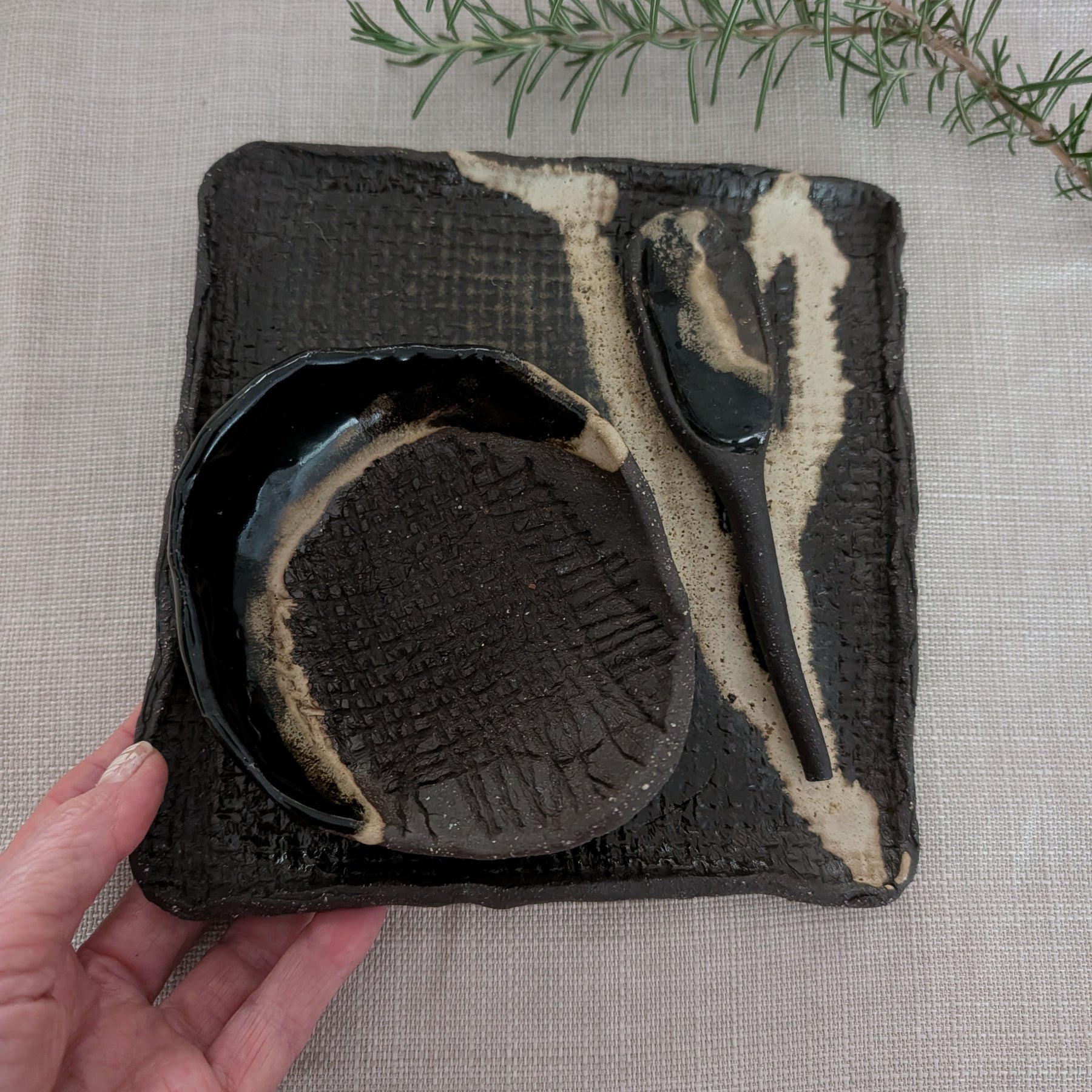 Small Handbuilt Ceramic Platter + Matching Bowl and Spoon | Modern Rustic • Earthy Minimalism • Stoneware