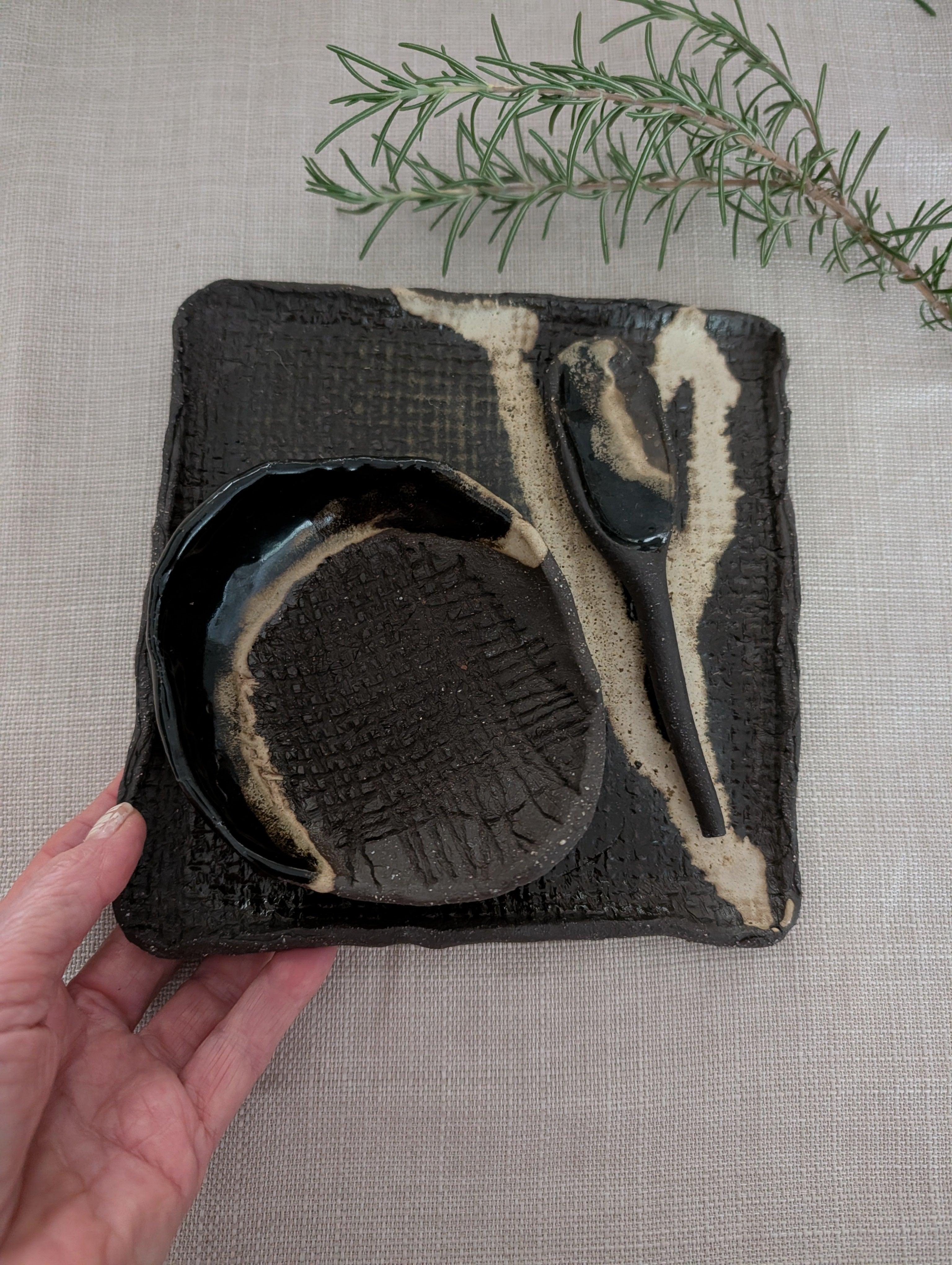 Small Handbuilt Ceramic Platter + Matching Bowl and Spoon | Modern Rustic • Earthy Minimalism • Stoneware