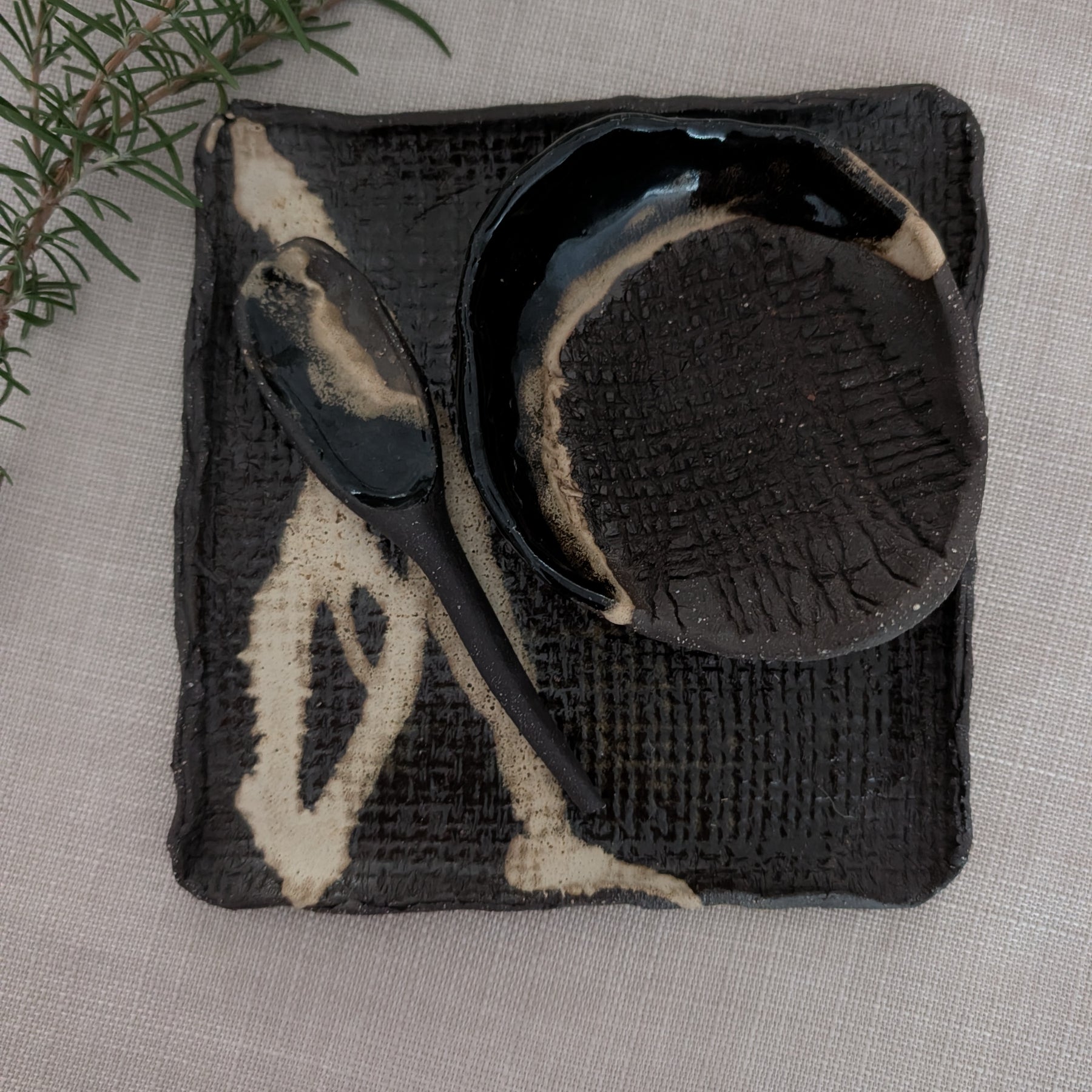 Small Handbuilt Ceramic Platter + Matching Bowl and Spoon | Modern Rustic • Earthy Minimalism • Stoneware