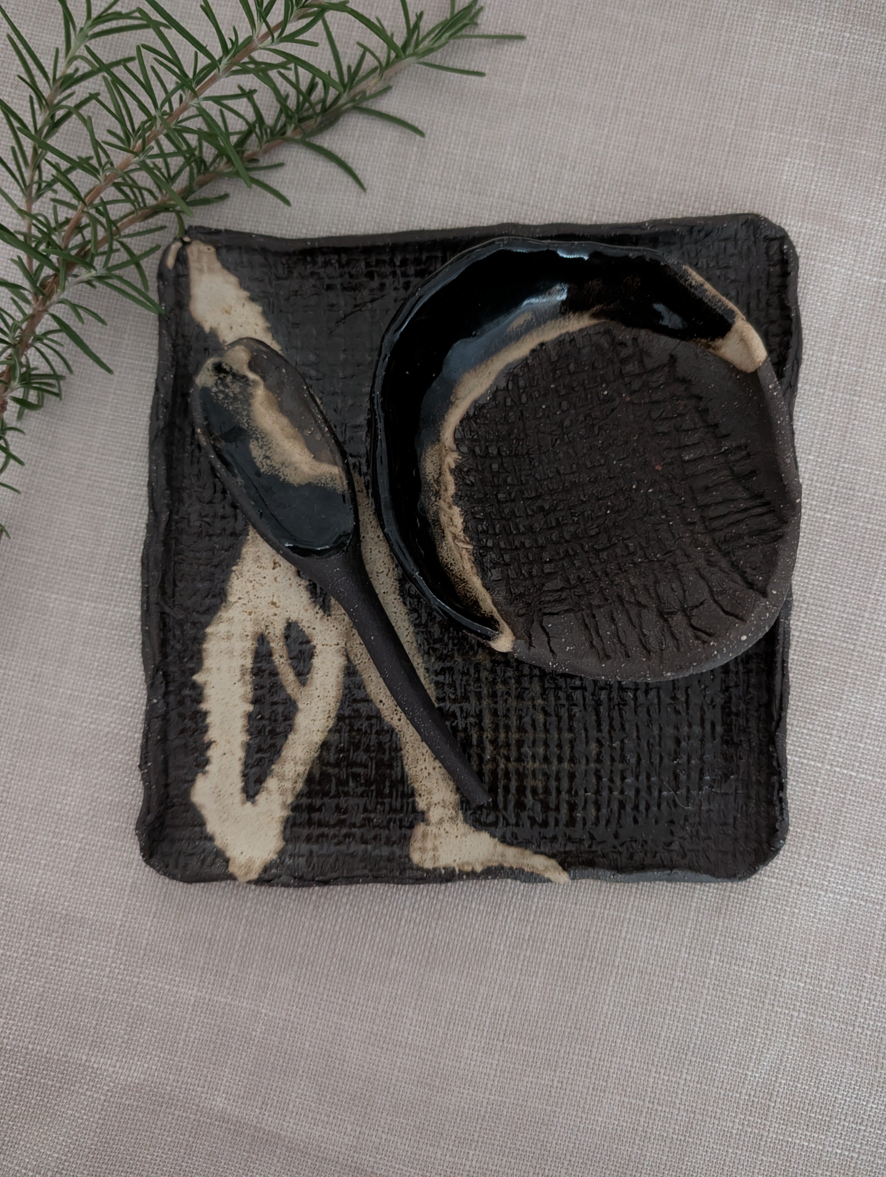 Small Handbuilt Ceramic Platter + Matching Bowl and Spoon | Modern Rustic • Earthy Minimalism • Stoneware