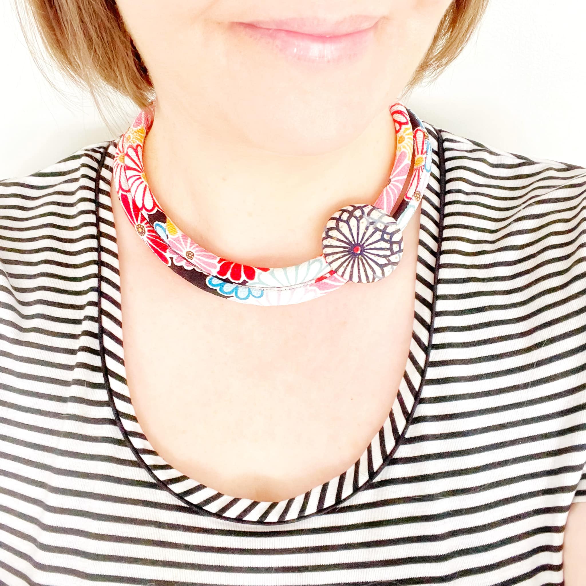 Kimono Cord Necklace - Pink and Black Floral