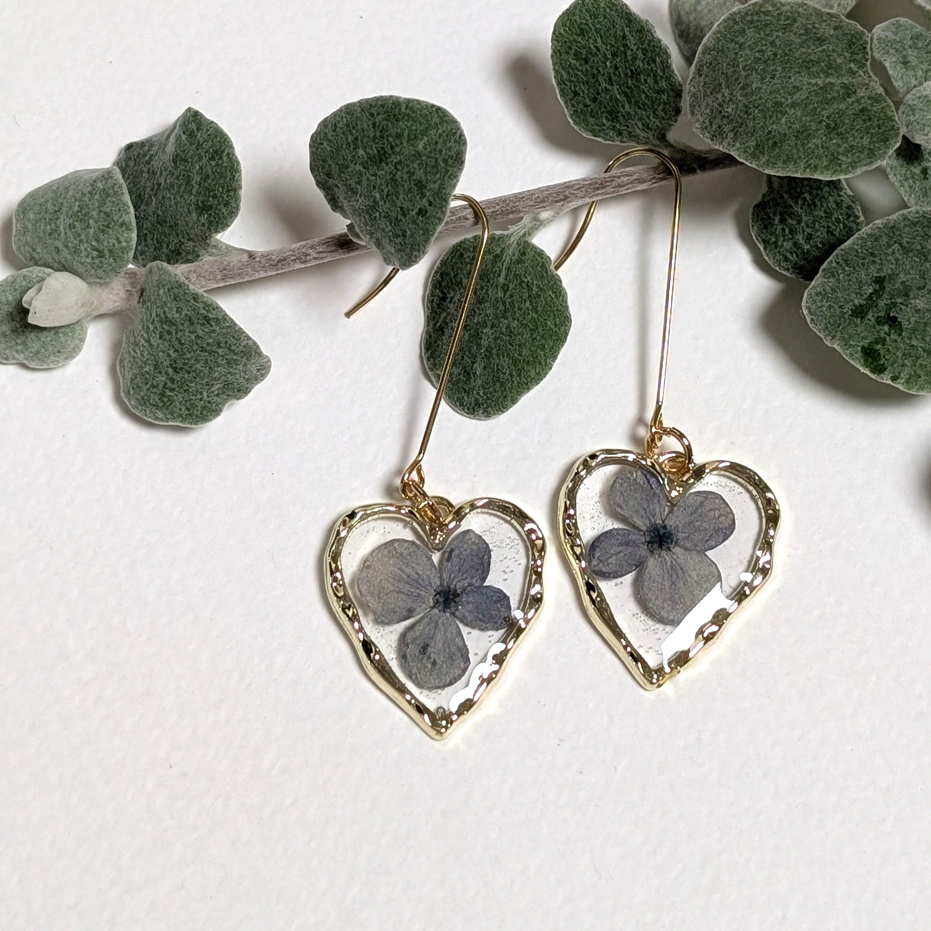 Heart shaped blue hydrangea earrings