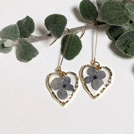 Heart shaped blue hydrangea earrings