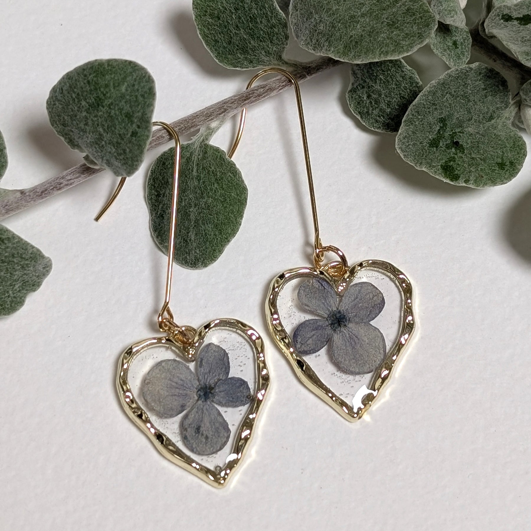 Heart shaped blue hydrangea earrings